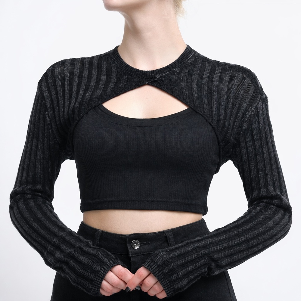 Social Collision Grunge Cutout Shrug Bolero S Crop Cardigan Dark Wash Y2K Goth